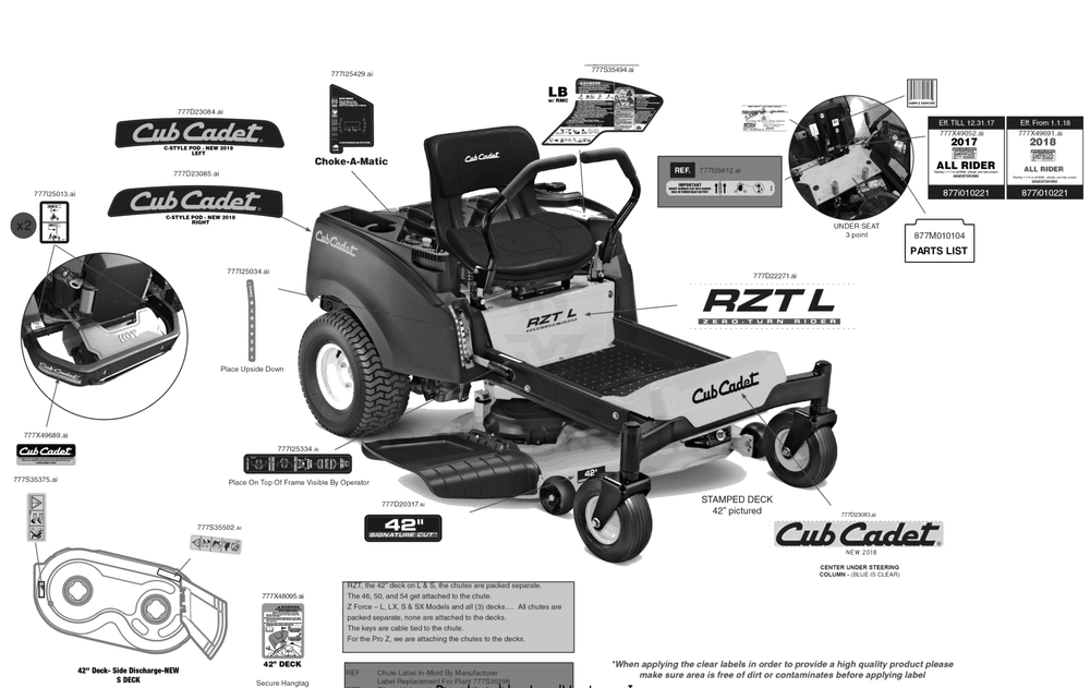 Label Map Diagram and Parts List for RZT-L42KH (17CRCACS010)(2018) Cub Cadet Lawn Tractor